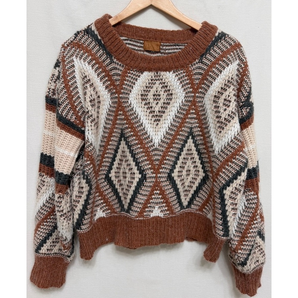 POL Women's Sweater Geometric Diamond Knit Crop Rust Brown Boho JST600 Small